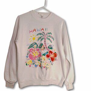 Vintage White Hawaii Women Sweatshirt by Ken Done Colorful Plumeria Size L